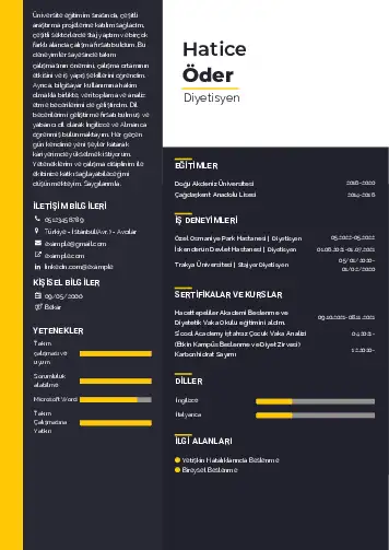 Beslenme Uzmanı Diyetisyen CV Örnekleri cv indir